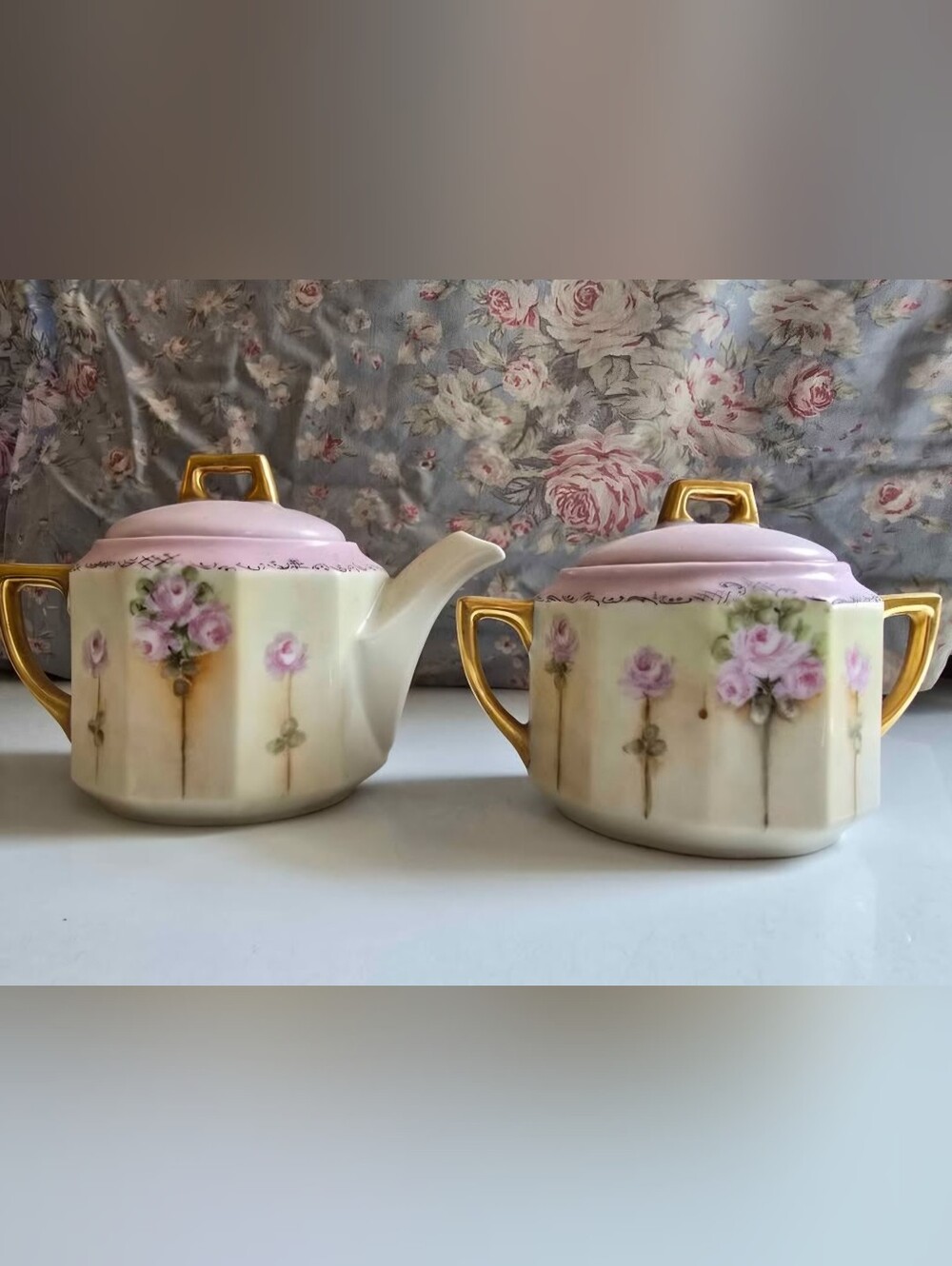 Vintage Shabby Chic Cottagecore Pink Rose Porcelain Teapot and Sugar Bowl Set